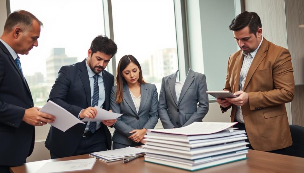 A professional office setting illustrating the concepts of liability and insurance compensation. In the foreground, a diverse group of three business professionals, two men and one woman, engaged in a serious discussion over a stack of papers and a laptop. The man on the left, wearing a navy suit, points at a document, while the woman, in a gray blazer, looks thoughtfully at the screen. The man on the right, dressed in a khaki suit, takes notes. In the middle of the scene, a large window allowing natural light to flood in, with a cityscape visible outside, symbolizing the complexity of insurance claims. The atmosphere is tense yet focused, emphasizing the importance of understanding liability in determining compensation amounts. A professional office setting illustrating the concepts of liability and insurance compensation. In the foreground, a diverse group of three business professionals, two men and one woman, engaged in a serious discussion over a stack of papers and a laptop. The man on the left, wearing a navy suit, points at a document, while the woman, in a gray blazer, looks thoughtfully at the screen. The man on the right, dressed in a khaki suit, takes notes. In the middle of the scene, a large window allowing natural light to flood in, with a cityscape visible outside, symbolizing the complexity of insurance claims. The atmosphere is tense yet focused, emphasizing the importance of understanding liability in determining compensation amounts.