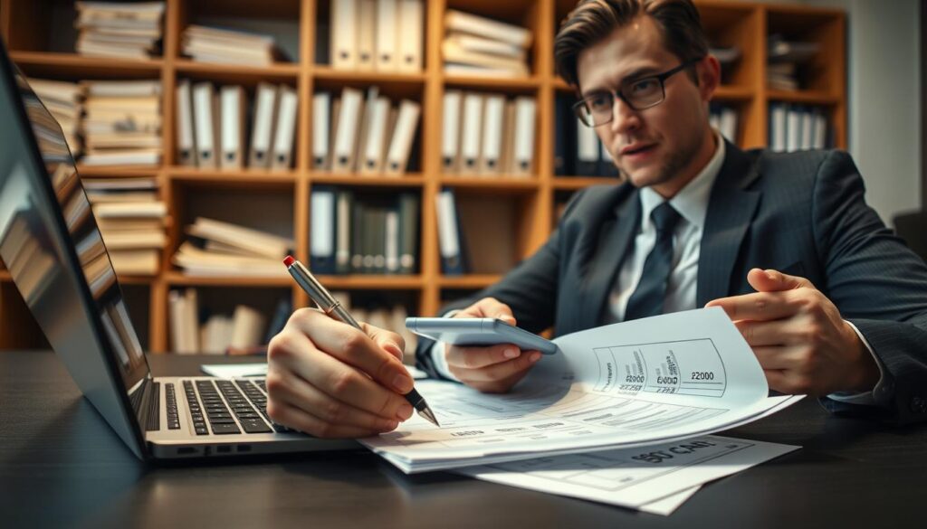 A professional setting depicting a confident insurance adjuster in a formal business suit, analyzing a report on a desk, with paperwork showing claims and calculated damages. The foreground captures a close-up of their focused expression, as they hold a pen and a calculator, emphasizing their role in assessing responsibility. In the middle ground, an open laptop displays data related to insurance policies and accident claims. The background hints at an office environment with shelves filled with file folders, soft ambient lighting creating a serious yet approachable mood. The overall composition should convey professionalism and attention to detail, using a slight low-angle perspective to enhance the subject's authority.