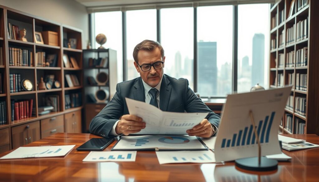 A professional setting depicting an independent expert analyzing a valuation dispute. In the foreground, a confident individual in business attire is closely examining a document while sitting at a polished wooden desk, surrounded by charts and graphs that visualize financial data. The middle layer features a well-lit office environment with shelves filled with books and awards, enhancing the credibility of the expert. In the background, a large window shows a city skyline under soft natural light, adding depth to the scene. The mood is serious and analytical, reflecting professionalism and critical thinking, with a lens that captures the details sharply, creating a dynamic and engaging atmosphere. A professional setting depicting an independent expert analyzing a valuation dispute. In the foreground, a confident individual in business attire is closely examining a document while sitting at a polished wooden desk, surrounded by charts and graphs that visualize financial data. The middle layer features a well-lit office environment with shelves filled with books and awards, enhancing the credibility of the expert. In the background, a large window shows a city skyline under soft natural light, adding depth to the scene. The mood is serious and analytical, reflecting professionalism and critical thinking, with a lens that captures the details sharply, creating a dynamic and engaging atmosphere.