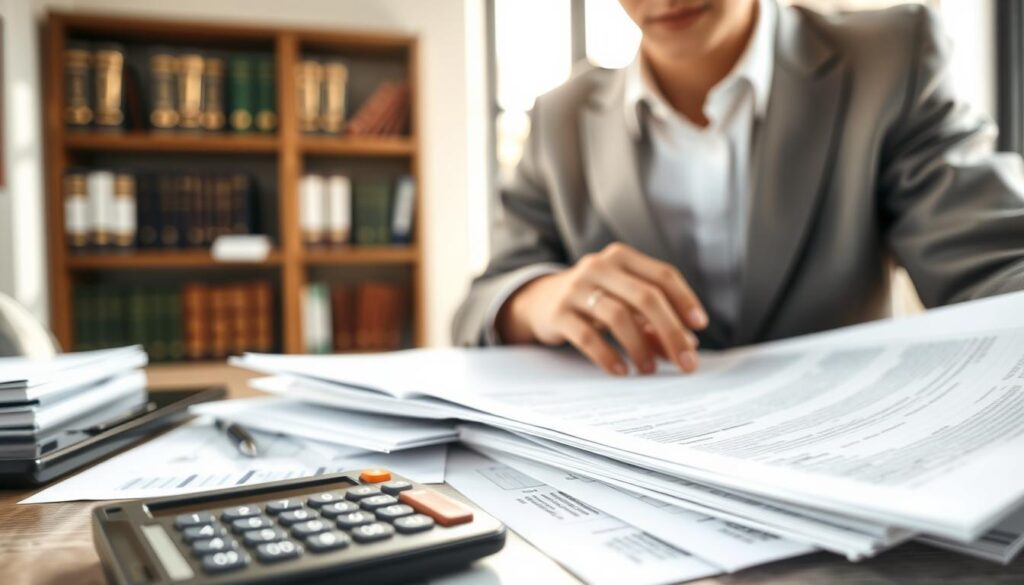 A professional setting featuring a close-up of a business person, wearing a crisp white shirt and smart blazer, examining a stack of legal papers and documents related to insurance claims. In the foreground, there is a calculator with figures indicating compensation amounts. The middle ground should show a blurred office with shelves containing books on legal and insurance matters. In the background, a large window allows soft natural light to illuminate the scene, casting gentle shadows. The overall atmosphere is focused and serious, reflecting the theme of financial verification and compensation discussions. The composition should be framed in a slightly angled view to add depth, with a shallow depth of field to emphasize the subject's concentration on the documents. A professional setting featuring a close-up of a business person, wearing a crisp white shirt and smart blazer, examining a stack of legal papers and documents related to insurance claims. In the foreground, there is a calculator with figures indicating compensation amounts. The middle ground should show a blurred office with shelves containing books on legal and insurance matters. In the background, a large window allows soft natural light to illuminate the scene, casting gentle shadows. The overall atmosphere is focused and serious, reflecting the theme of financial verification and compensation discussions. The composition should be framed in a slightly angled view to add depth, with a shallow depth of field to emphasize the subject's concentration on the documents.