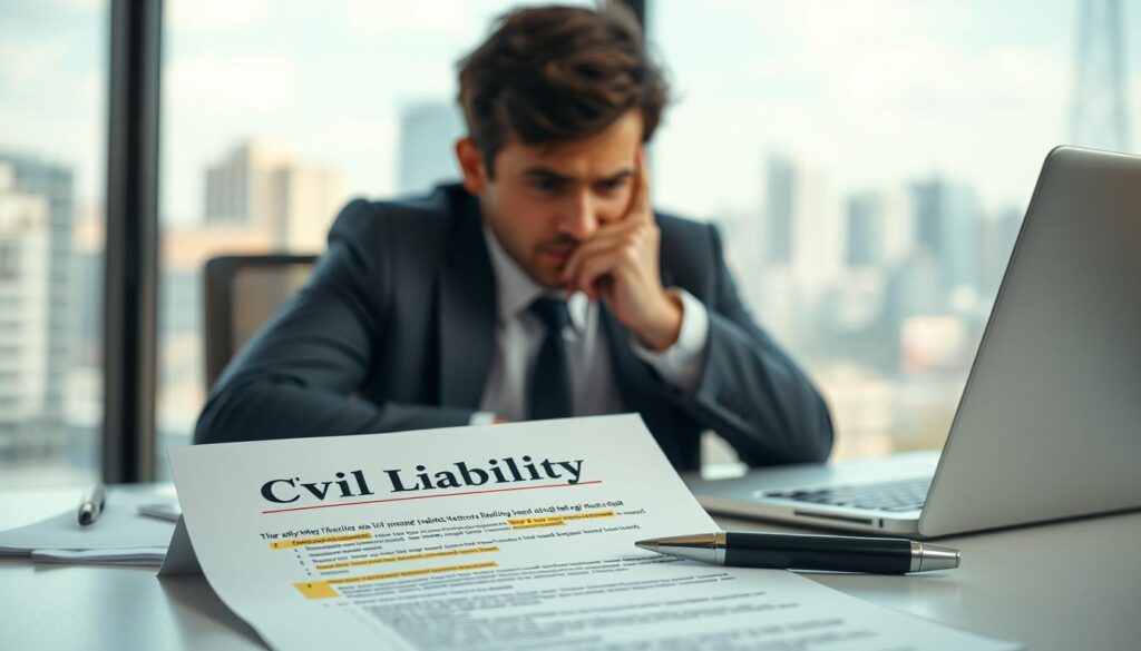 A professional setting showcasing a distressed individual, dressed in business attire, sitting at a minimalist office desk with papers and a laptop open, symbolizing the challenges of a civil liability claim. In the foreground, a close-up of a document labeled "Civil Liability Claim" with highlighted sections and a pen beside it. In the middle, a concerned expression on the person's face reflects the stress of financial discussions. In the background, a blurred view of a cityscape through the window, hinting at the larger implications of insurance payouts. Soft, natural light enters, creating a contemplative atmosphere, emphasizing the theme of financial uncertainty and responsibilities. Use a slight depth of field to keep the focus on the individual and the document. A professional setting showcasing a distressed individual, dressed in business attire, sitting at a minimalist office desk with papers and a laptop open, symbolizing the challenges of a civil liability claim. In the foreground, a close-up of a document labeled "Civil Liability Claim" with highlighted sections and a pen beside it. In the middle, a concerned expression on the person's face reflects the stress of financial discussions. In the background, a blurred view of a cityscape through the window, hinting at the larger implications of insurance payouts. Soft, natural light enters, creating a contemplative atmosphere, emphasizing the theme of financial uncertainty and responsibilities. Use a slight depth of field to keep the focus on the individual and the document.
