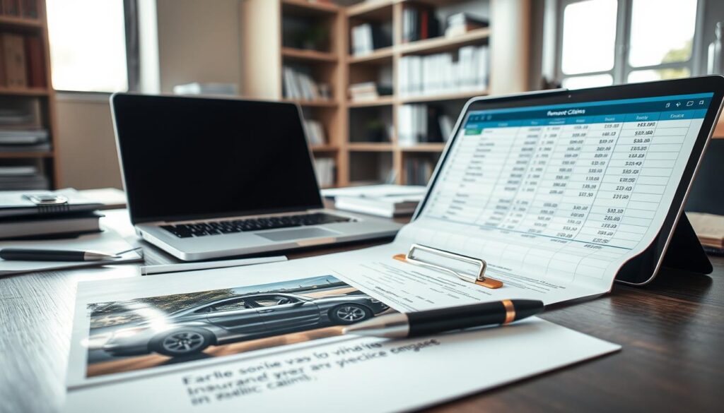 A professional workspace featuring a neatly organized desk with various documents related to vehicle damage assessment. In the foreground, a close-up of a damaged car photograph lies next to a clipboard with evaluation notes and a pen. The middle layer includes a laptop displaying an open spreadsheet with calculations of costs and damages. In the background, a well-lit office with shelves containing books on insurance claims and vehicle repair. The atmosphere is serious and focused, conveying a sense of professionalism and attention to detail. Soft, natural lighting filters in from a window, highlighting the papers and adding warmth to the scene. A shallow depth of field emphasizes the documents in the foreground, while the background remains slightly blurred. A professional workspace featuring a neatly organized desk with various documents related to vehicle damage assessment. In the foreground, a close-up of a damaged car photograph lies next to a clipboard with evaluation notes and a pen. The middle layer includes a laptop displaying an open spreadsheet with calculations of costs and damages. In the background, a well-lit office with shelves containing books on insurance claims and vehicle repair. The atmosphere is serious and focused, conveying a sense of professionalism and attention to detail. Soft, natural lighting filters in from a window, highlighting the papers and adding warmth to the scene. A shallow depth of field emphasizes the documents in the foreground, while the background remains slightly blurred.