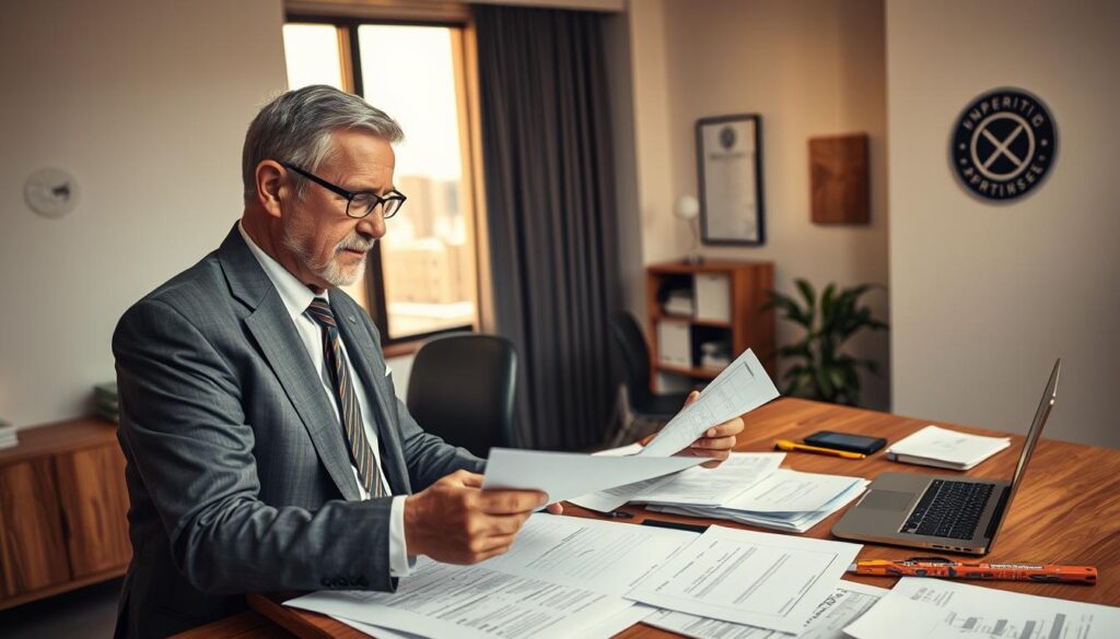 A serious and professional setting depicting an independent appraiser assessing property damage in a modern office. In the foreground, a middle-aged appraiser in a business suit, examining detailed documents with a focused expression. In the middle ground, a large wooden desk cluttered with reports, a laptop, and measuring tools. The background features a window with natural light streaming in, illuminating a cityscape outside. Subtle signage on the walls indicates certification and expertise. The overall atmosphere is one of diligence and professionalism, with warm lighting creating a reassuring environment. The angle is slightly from above, showcasing the appraiser's concentration and the complexity of the task. A serious and professional setting depicting an independent appraiser assessing property damage in a modern office. In the foreground, a middle-aged appraiser in a business suit, examining detailed documents with a focused expression. In the middle ground, a large wooden desk cluttered with reports, a laptop, and measuring tools. The background features a window with natural light streaming in, illuminating a cityscape outside. Subtle signage on the walls indicates certification and expertise. The overall atmosphere is one of diligence and professionalism, with warm lighting creating a reassuring environment. The angle is slightly from above, showcasing the appraiser's concentration and the complexity of the task.