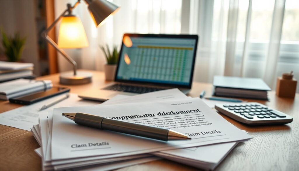 A well-organized desk scene showcasing "Dokumenty do oceny odszkodowania" as the focal point. In the foreground, a stack of neatly arranged documents with visible headers like "Compensation Assessment" and "Claim Details". Beside the documents, a professional pen and a calculator, suggesting meticulous financial evaluation. In the middle ground, a laptop with a spreadsheet open, reflecting data analysis. An inviting desk lamp emits warm, soft lighting, creating a focused and serious atmosphere. In the background, a window with soft daylight filtering through sheer curtains, hinting at a peaceful office environment. The angle should be slightly overhead to capture the entire scene harmonously, emphasizing professionalism and readiness.