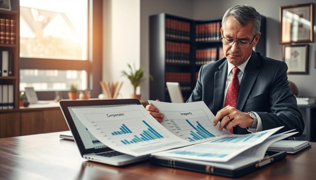 Create an image that depicts a professional office setting focused on the theme of insurance compensation documentation. In the foreground, a well-dressed business professional, a middle-aged man or woman, is analyzing paperwork that includes charts and graphs illustrating compensation amounts. The background features a modern office environment with shelves filled with legal books and framed certificates on the walls. Soft natural lighting streams in from a window, casting a warm glow on the desk. A laptop is open, displaying spreadsheets related to compensation claims. The atmosphere conveys seriousness and attentiveness, highlighting the importance of accurate documentation in resolving insurance claims. Create an image that depicts a professional office setting focused on the theme of insurance compensation documentation. In the foreground, a well-dressed business professional, a middle-aged man or woman, is analyzing paperwork that includes charts and graphs illustrating compensation amounts. The background features a modern office environment with shelves filled with legal books and framed certificates on the walls. Soft natural lighting streams in from a window, casting a warm glow on the desk. A laptop is open, displaying spreadsheets related to compensation claims. The atmosphere conveys seriousness and attentiveness, highlighting the importance of accurate documentation in resolving insurance claims.